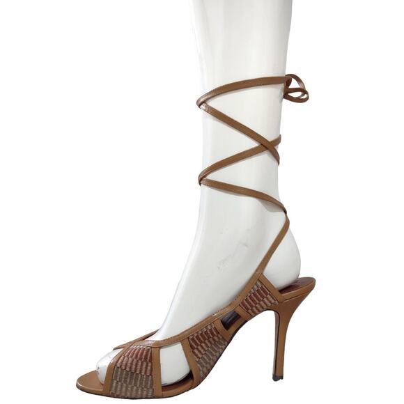 MAX STUDIO Vintage Strappy Sandals 7.5 Retro 90s Lace Up Wrap Around Retro Heels - Picture 1 of 14